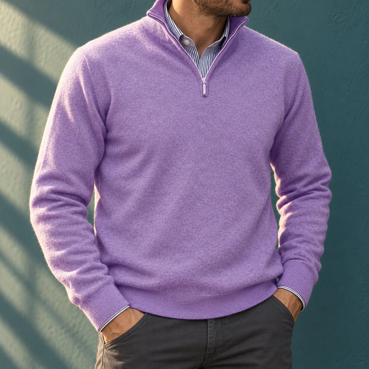 Faustino Fine Knit Stand Collar Quarter Zip Sweater - Violet