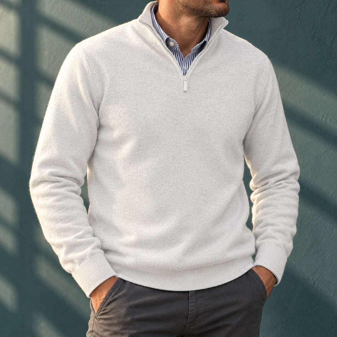 Faustino Fine Knit Stand Collar Quarter Zip Sweater - White