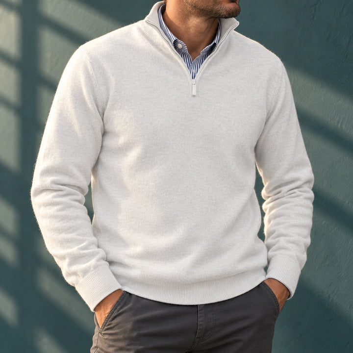 Faustino Fine Knit Stand Collar Quarter Zip Sweater - White