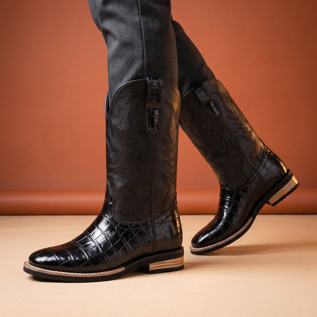 Ferris Croc Embossed Square Toe Western Boots - Black