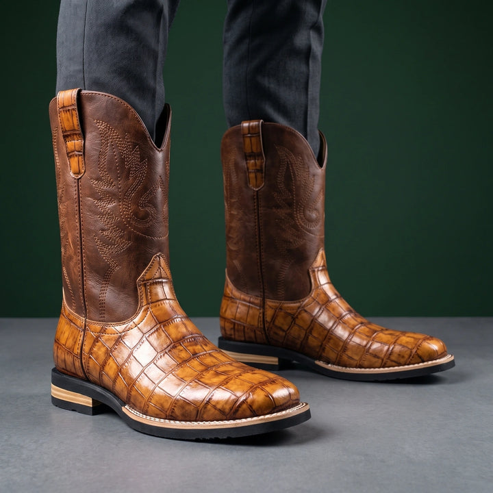 Ferris Croc Embossed Square Toe Western Boots - Brown