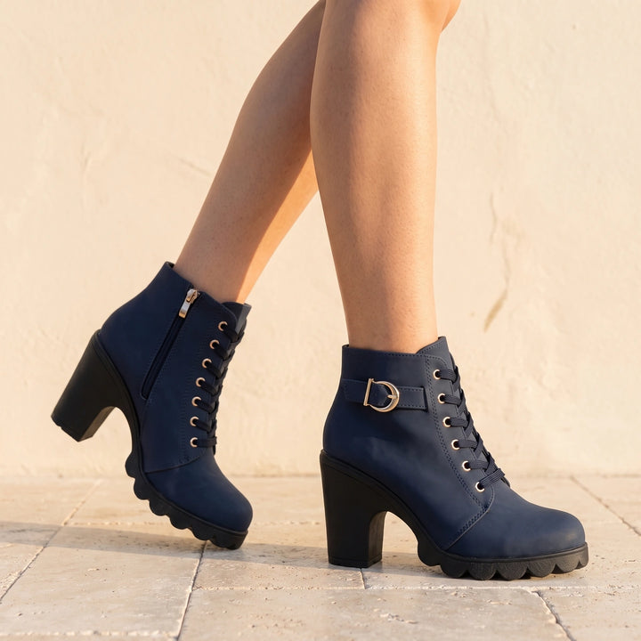 Filippa Buckle Strap Lace Up Lug Sole Ankle Boots - Blue