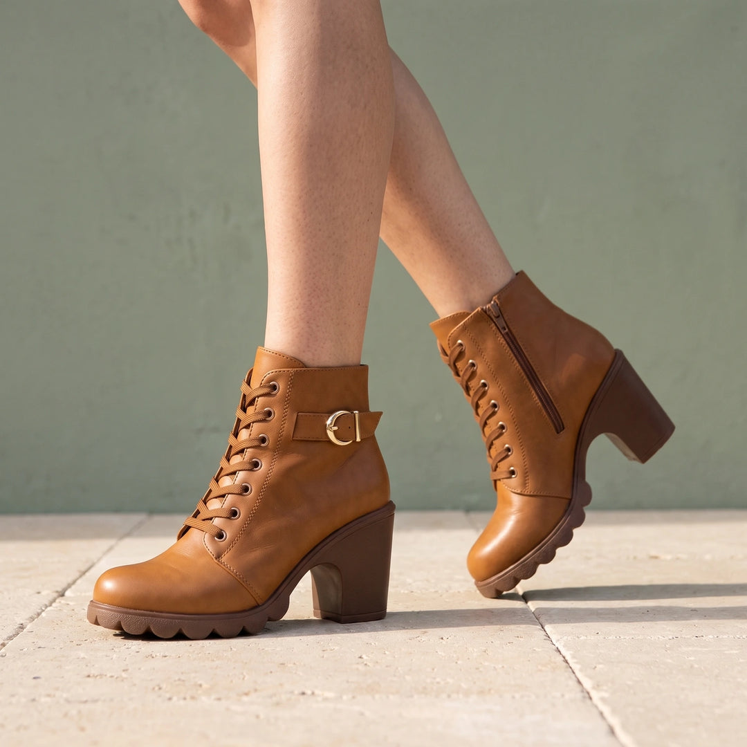 Filippa Buckle Strap Lace Up Lug Sole Ankle Boots - Brown