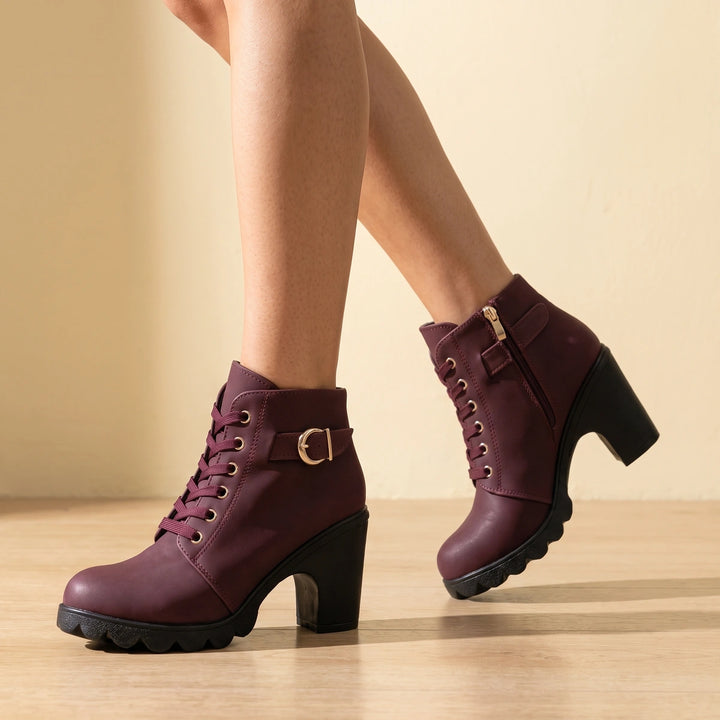 Filippa Buckle Strap Lace Up Lug Sole Ankle Boots - Burgundy
