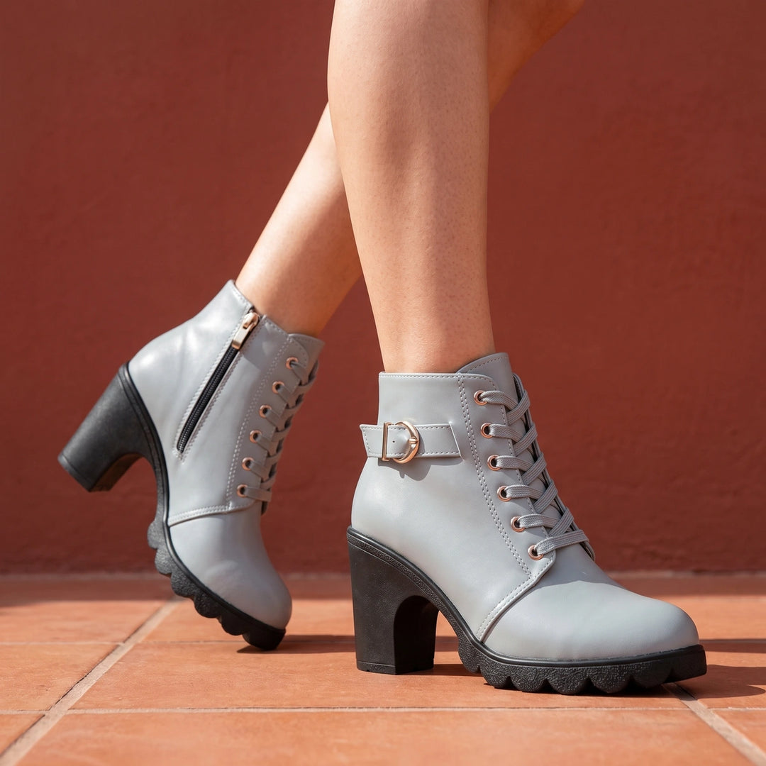 Filippa Buckle Strap Lace Up Lug Sole Ankle Boots - Gray