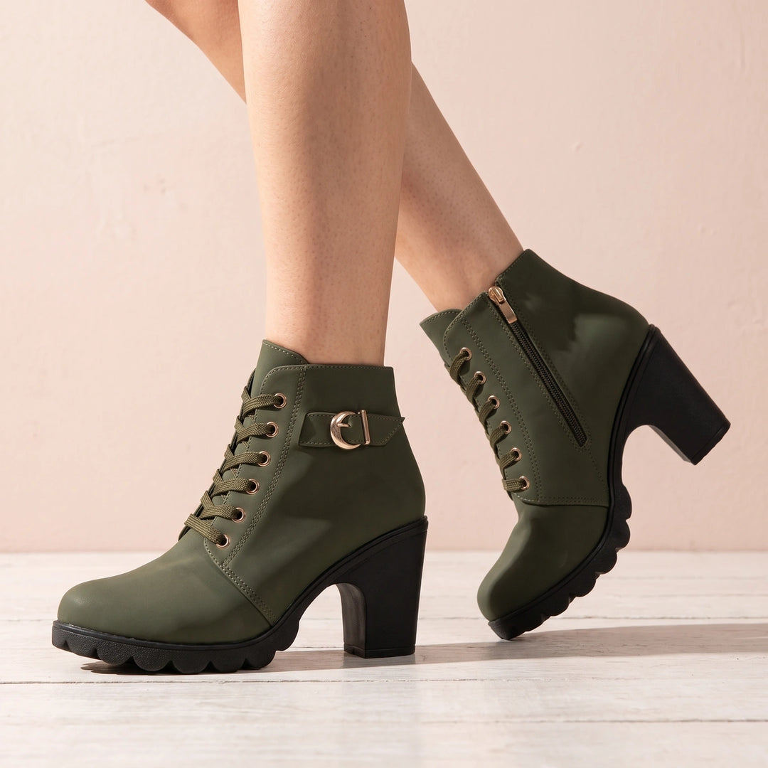 Filippa Buckle Strap Lace Up Lug Sole Ankle Boots - Green