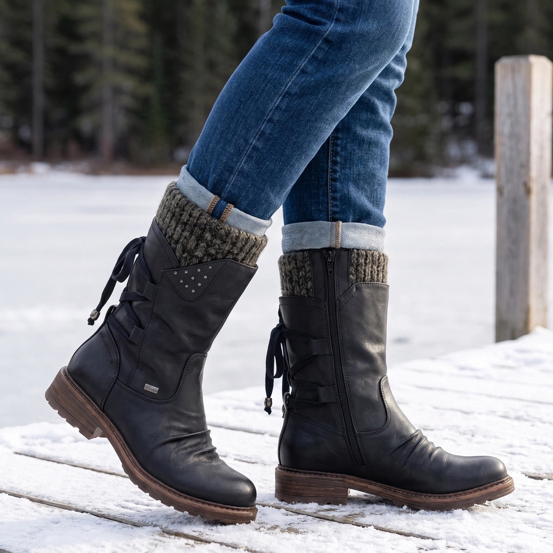 Filomena Knit Cuff Rhinestone Mid Calf Winter Boots - Black