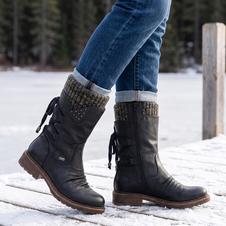 Filomena Knit Cuff Rhinestone Mid Calf Winter Boots - Black