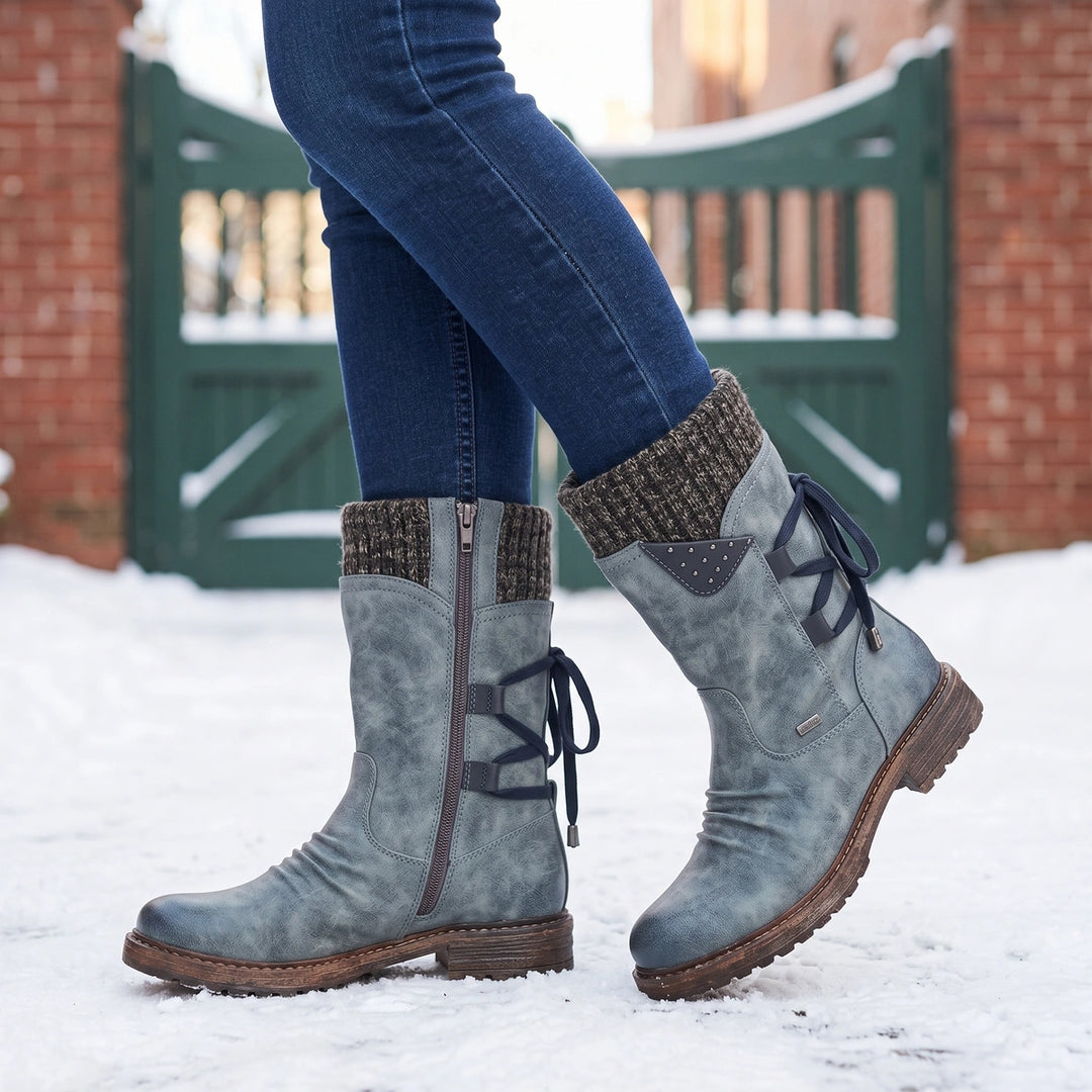 Filomena Knit Cuff Rhinestone Mid Calf Winter Boots - Gray