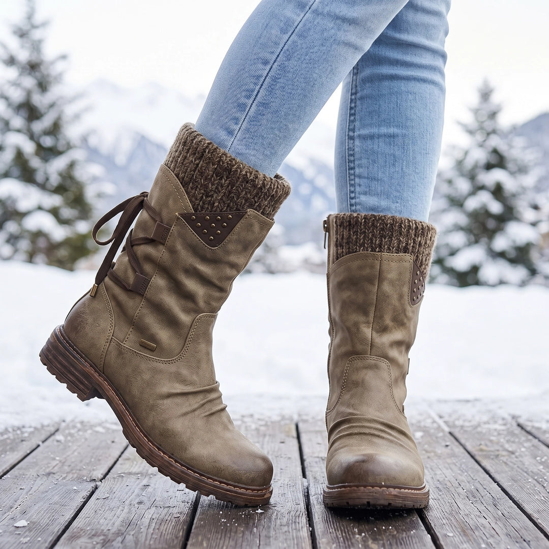 Filomena Knit Cuff Rhinestone Mid Calf Winter Boots - Khaki