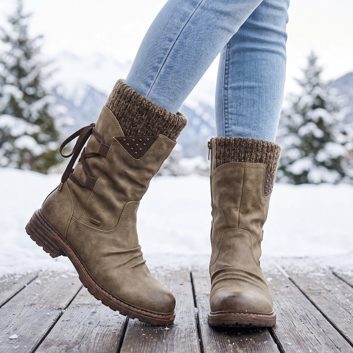 Filomena Knit Cuff Rhinestone Mid Calf Winter Boots - Khaki