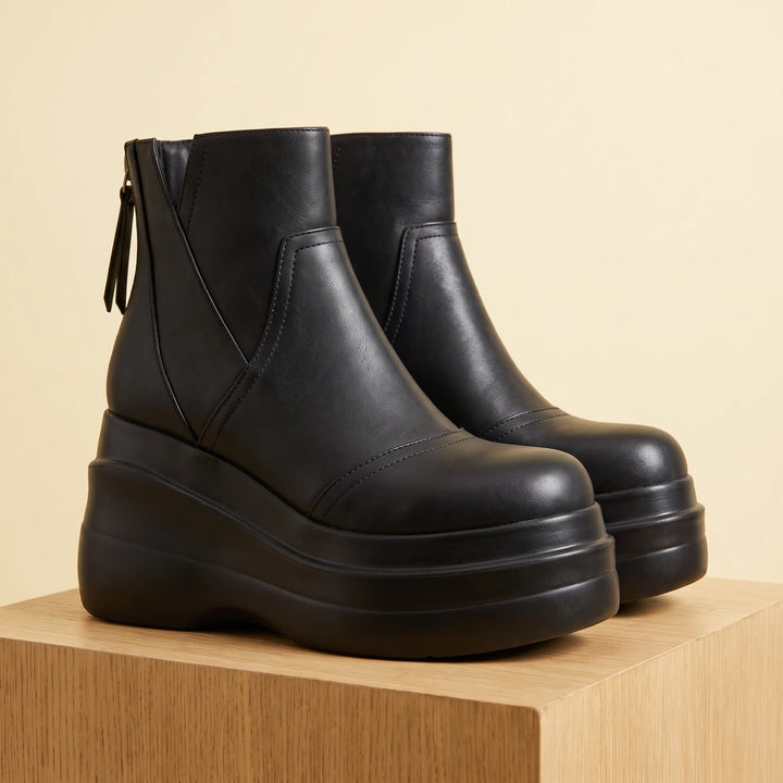 Florentina Leather Layered Platform Wedge Ankle Boots - Black