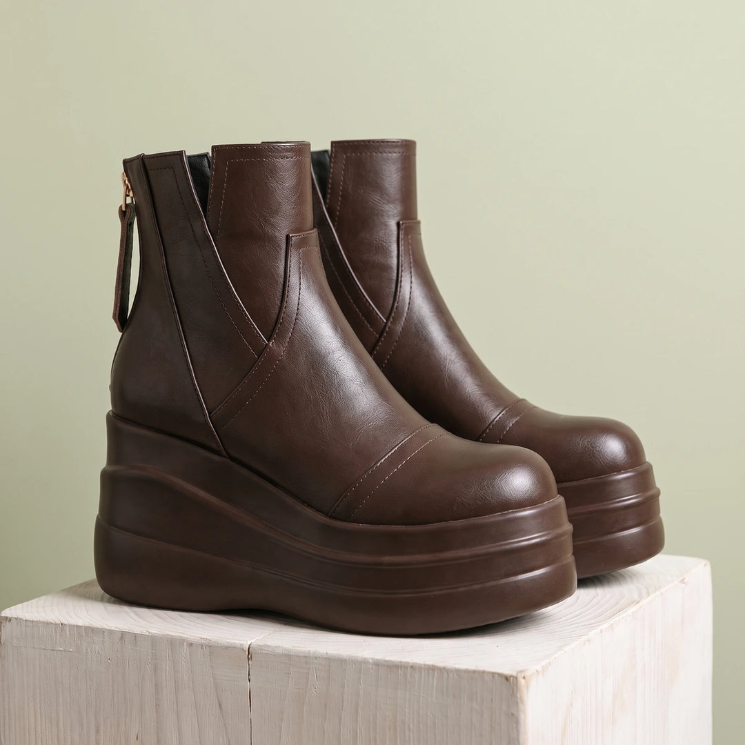 Florentina Leather Layered Platform Wedge Ankle Boots - Brown
