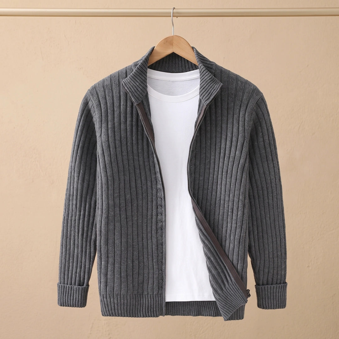 Forrest Wool Ribbed Knit Zip Cardigan - Dark Gray