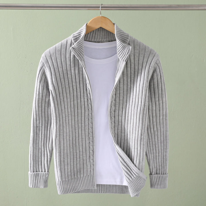 Forrest Wool Ribbed Knit Zip Cardigan - Light Gray