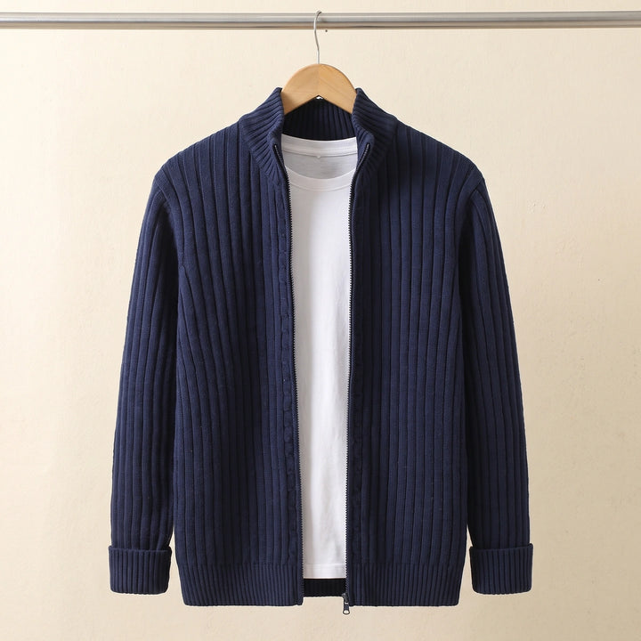 Forrest Wool Ribbed Knit Zip Cardigan - Navy Blue
