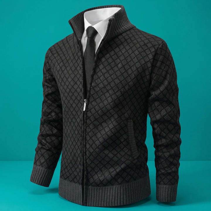 Gabriel Jacquard Knit Zip Stand Collar Cardigan - Black