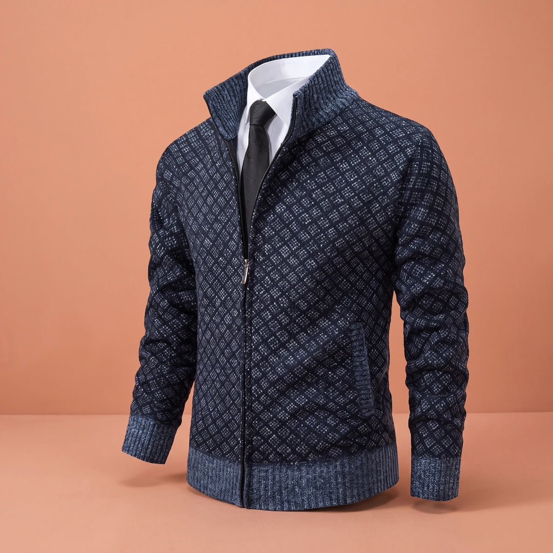 Gabriel Jacquard Knit Zip Stand Collar Cardigan - Blue