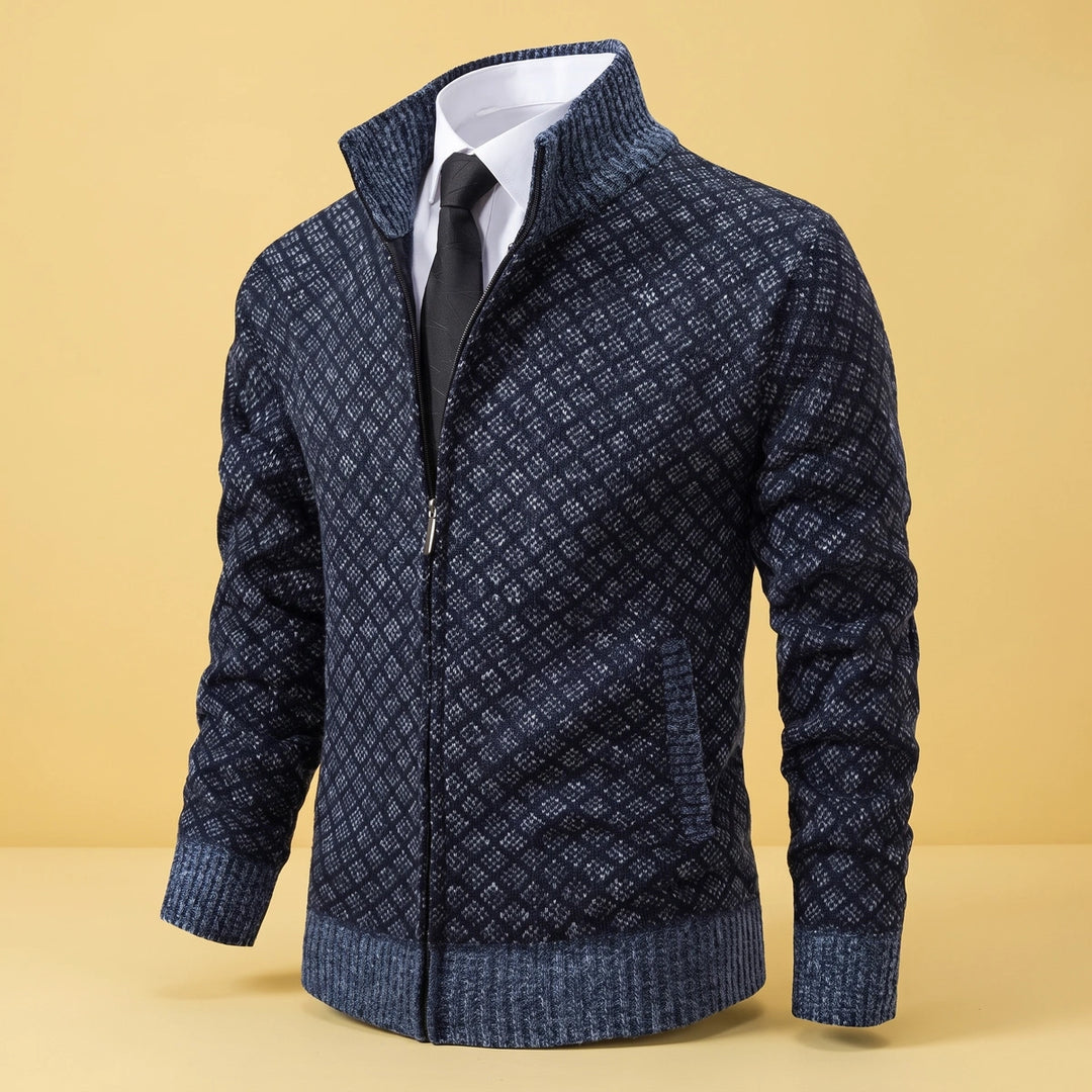 Gabriel Jacquard Knit Zip Stand Collar Cardigan - Blue