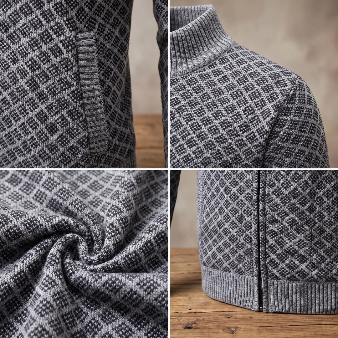 Gabriel Jacquard Knit Zip Stand Collar Cardigan - Gray