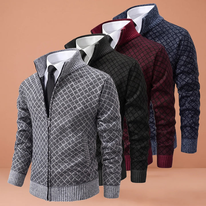 Gabriel Jacquard Knit Zip Stand Collar Cardigan - Gray