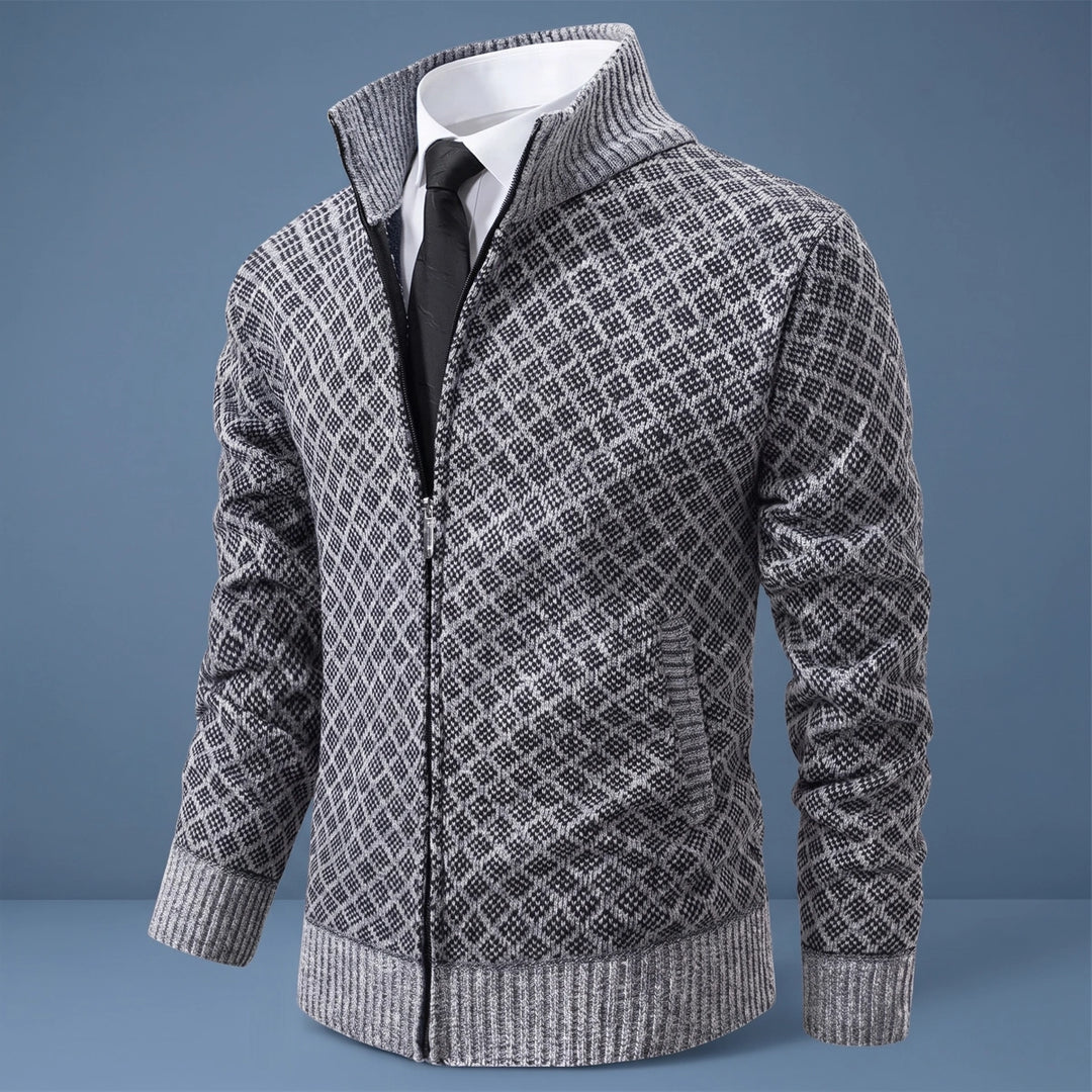 Gabriel Jacquard Knit Zip Stand Collar Cardigan - Gray