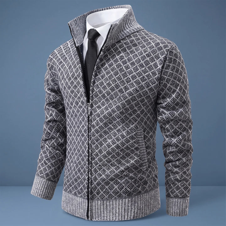Gabriel Jacquard Knit Zip Stand Collar Cardigan - Gray