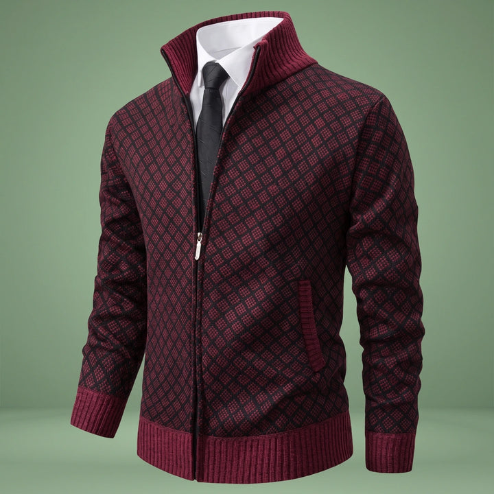 Gabriel Jacquard Knit Zip Stand Collar Cardigan - Wine