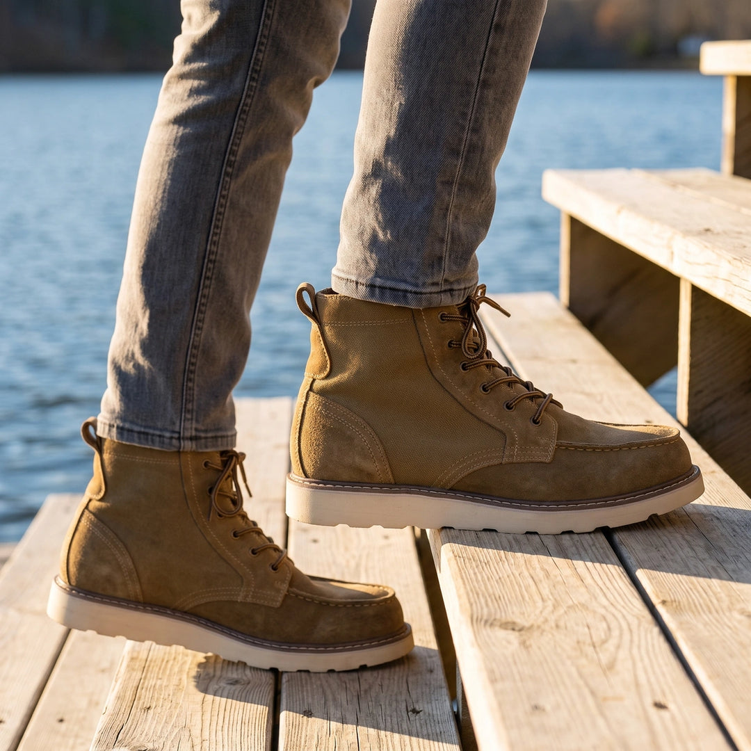 Gareth Suede Moc Toe Lace Up Chunky Sole Boots - Brown