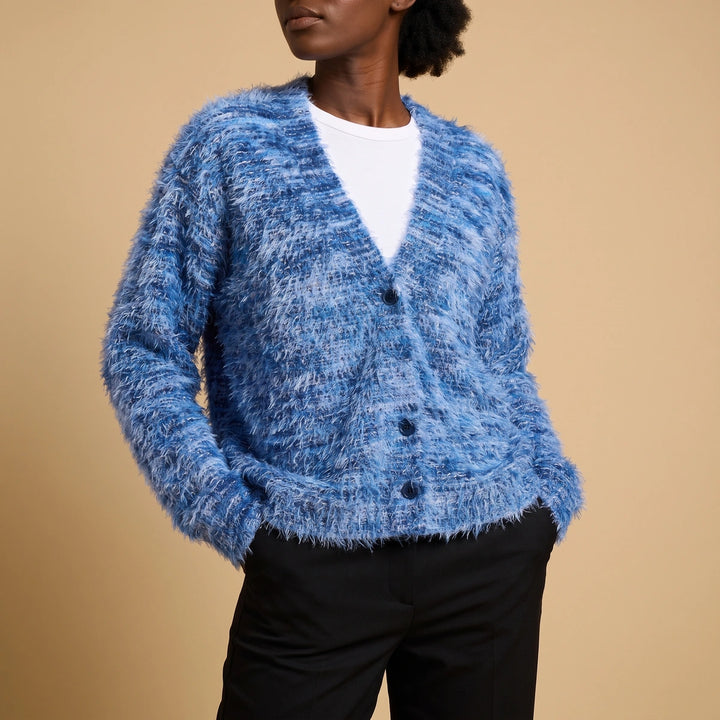 Gilda Fuzzy Knit Striped V Neck Cardigan - Blue