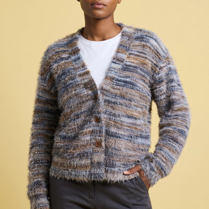 Gilda Fuzzy Knit Striped V Neck Cardigan - Gray