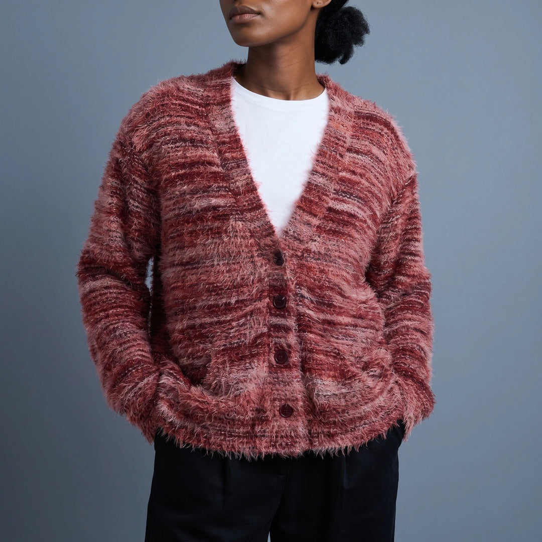 Gilda Fuzzy Knit Striped V Neck Cardigan - Red