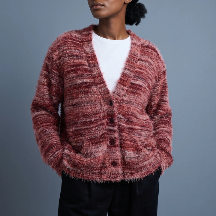 Gilda Fuzzy Knit Striped V Neck Cardigan - Red