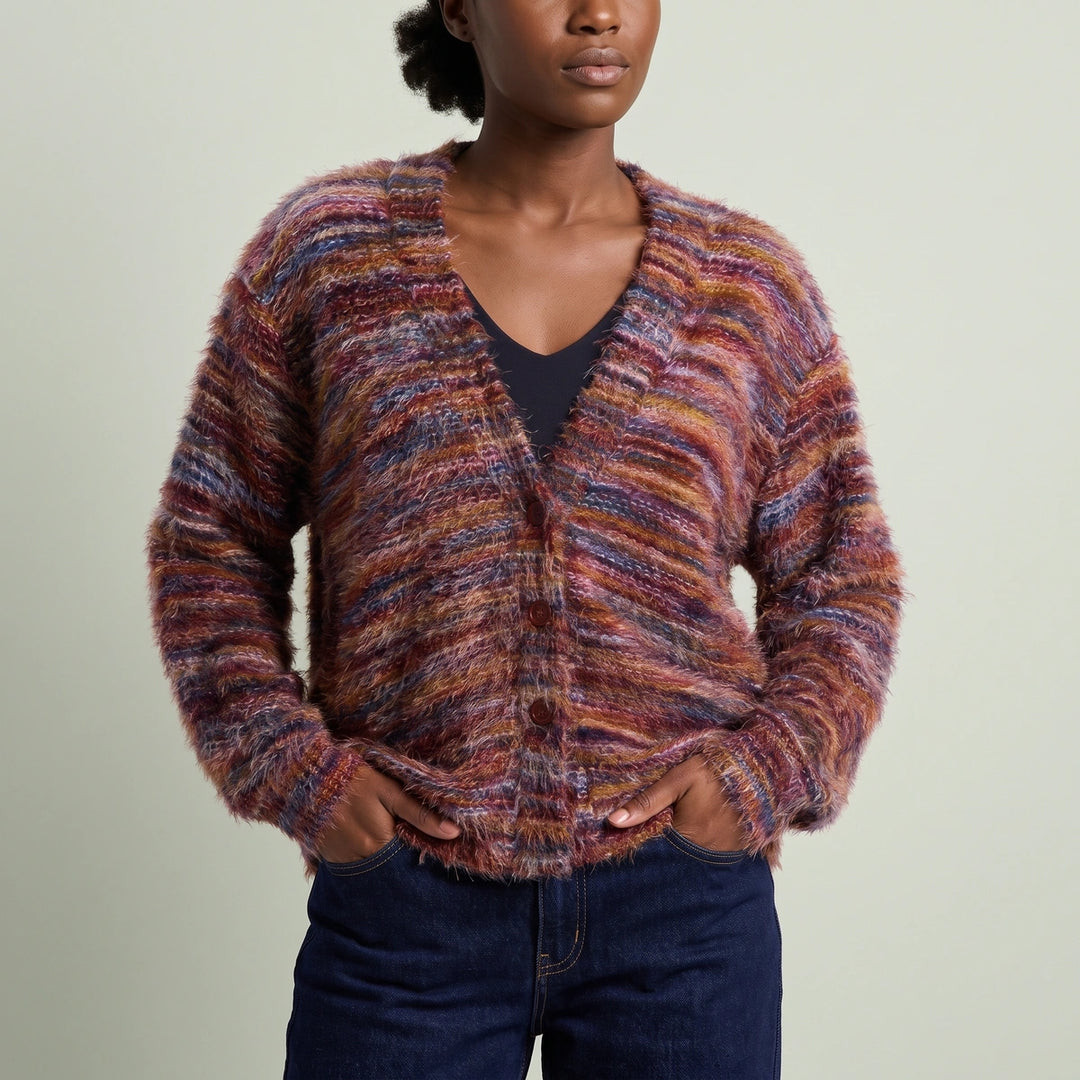 Gilda Fuzzy Knit Striped V Neck Cardigan - Wine