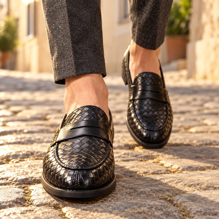 Gilles Woven Texture Leather Penny Loafers - Black