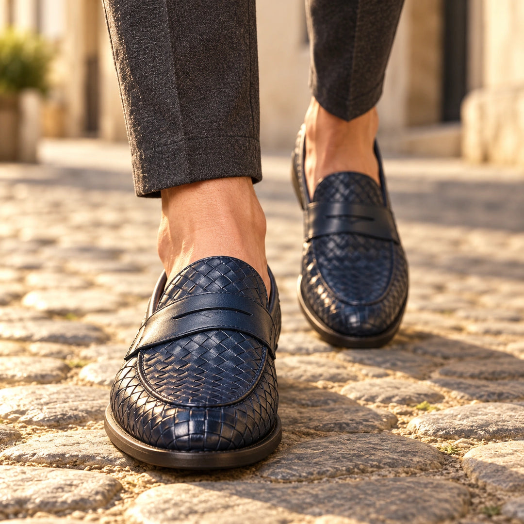 Gilles Woven Texture Leather Penny Loafers - Blue
