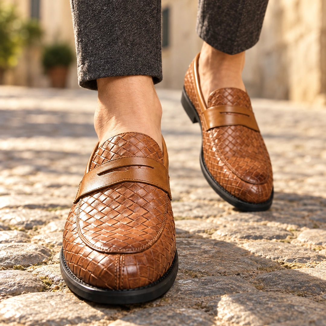Gilles Woven Texture Leather Penny Loafers - Brown