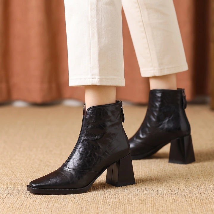 Gina Crinkled Vegan Leather Square Toe Ankle Boots - Midnight