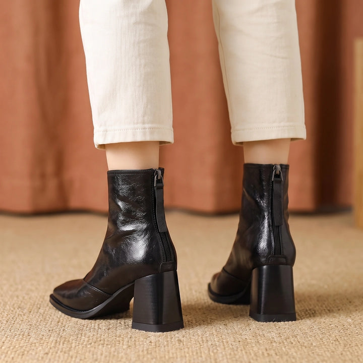 Gina Crinkled Vegan Leather Square Toe Ankle Boots - Midnight