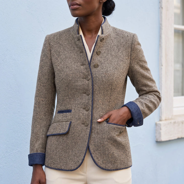 Ginevra Wool Blend Piped Tailored Blazer - Coffee