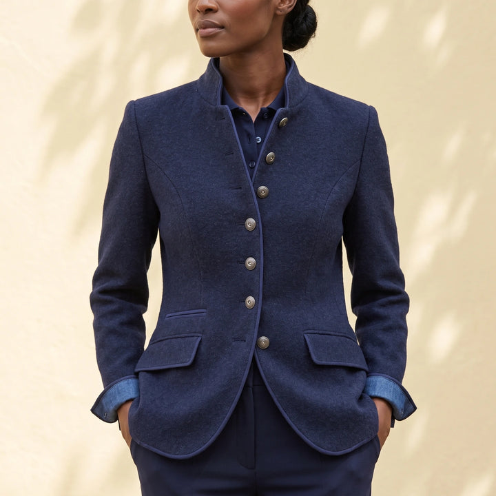 Ginevra Wool Blend Piped Tailored Blazer - Dark Blue