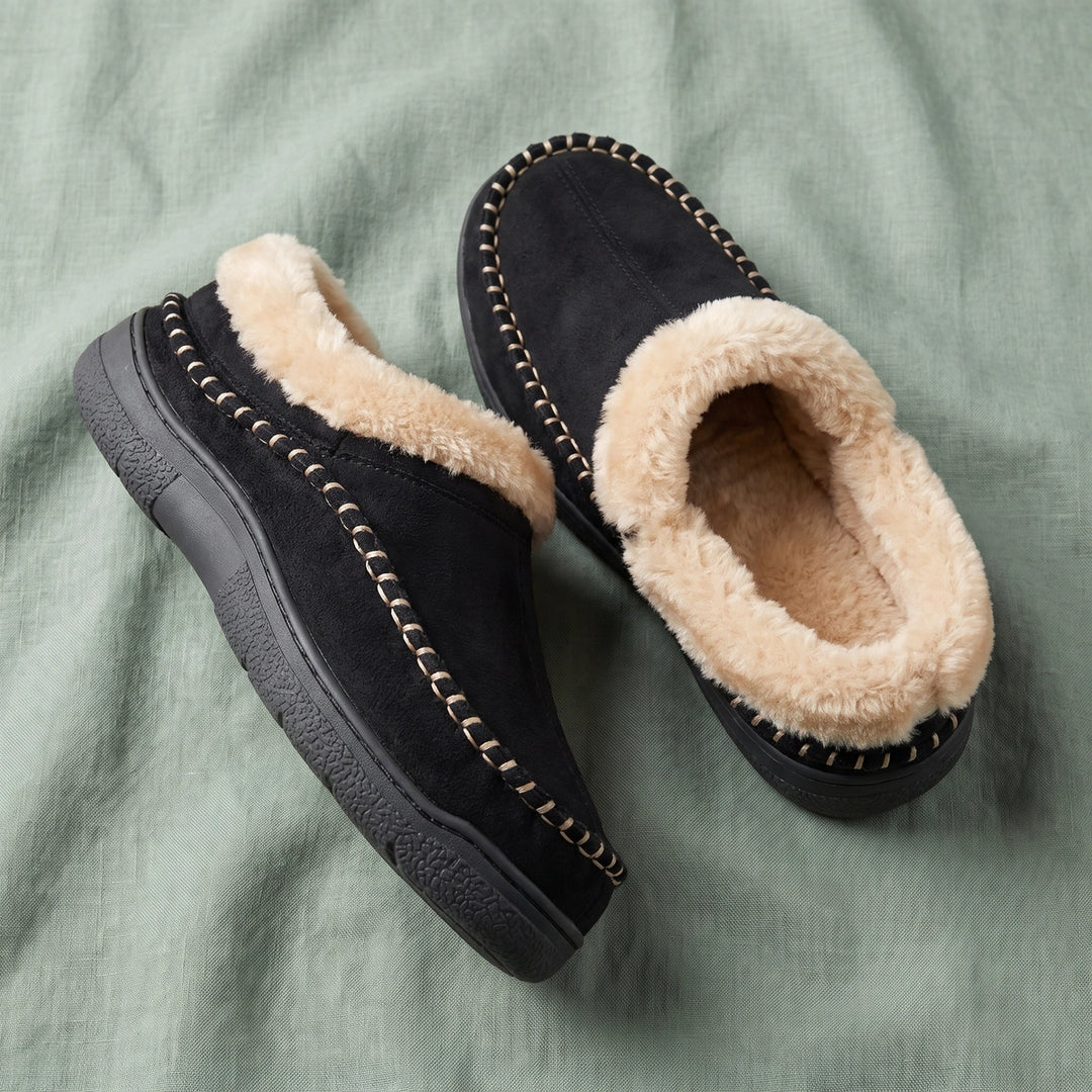 Gordon Suede Fleece Lined Moccasin Slippers - Black