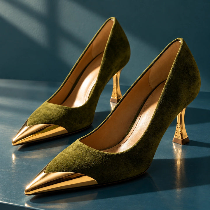 Grace Arch Support Suede Metal Toe Pumps - Olive