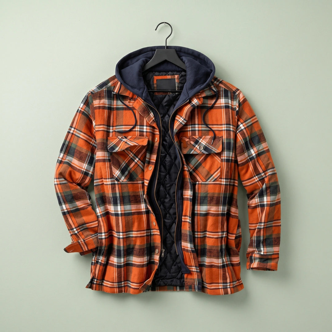 Gunnar Plaid Flannel Quilted Lined Hooded Jacket - Orange