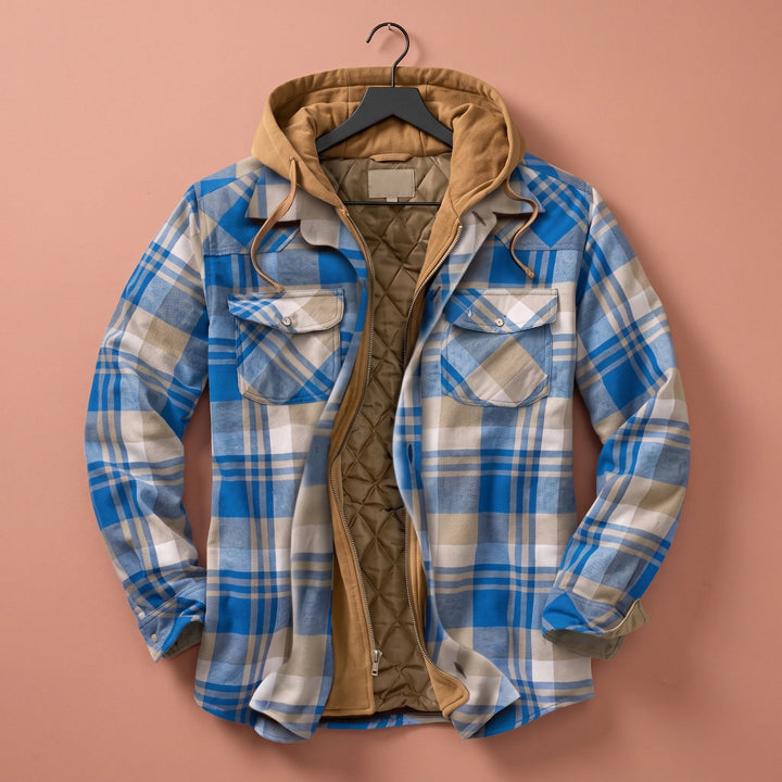 Gunnar Plaid Flannel Quilted Lined Hooded Jacket - Sky