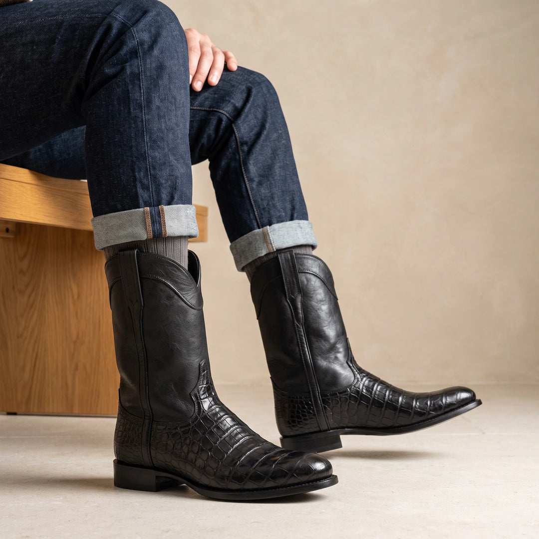 Hadrian Croc Embossed Leather Pull On Roper Boots - Black