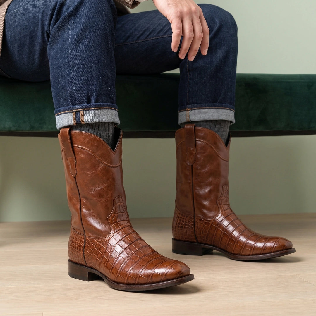 Hadrian Croc Embossed Leather Pull On Roper Boots - Brown
