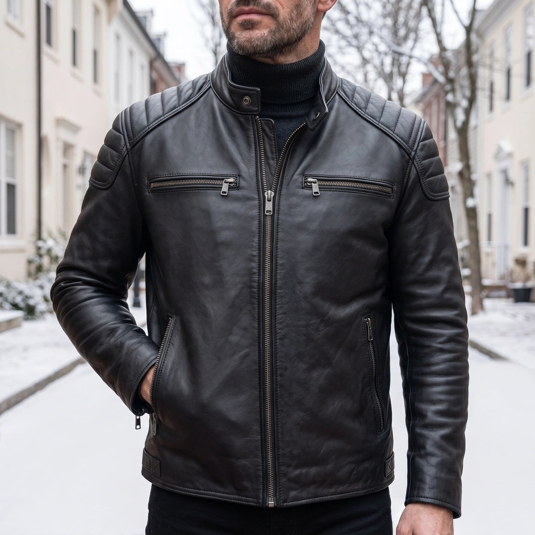 Hartley Distressed Leather Quilted Shoulder Moto Jacket - Black
