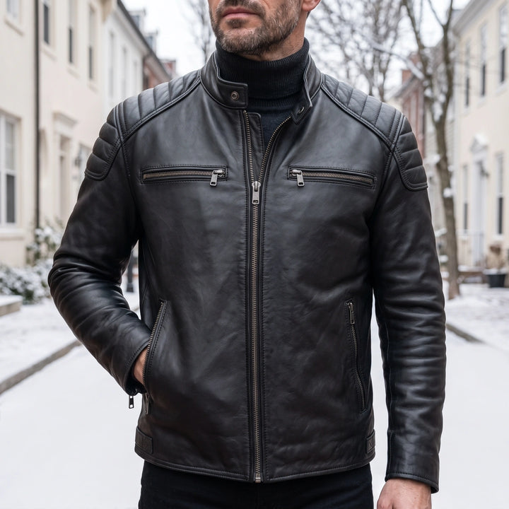 Hartley Distressed Leather Quilted Shoulder Moto Jacket - Black