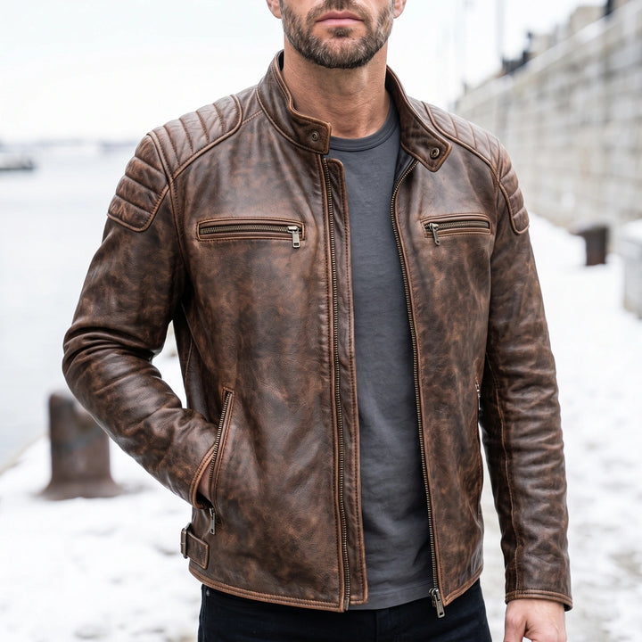 Hartley Distressed Leather Quilted Shoulder Moto Jacket - Brown